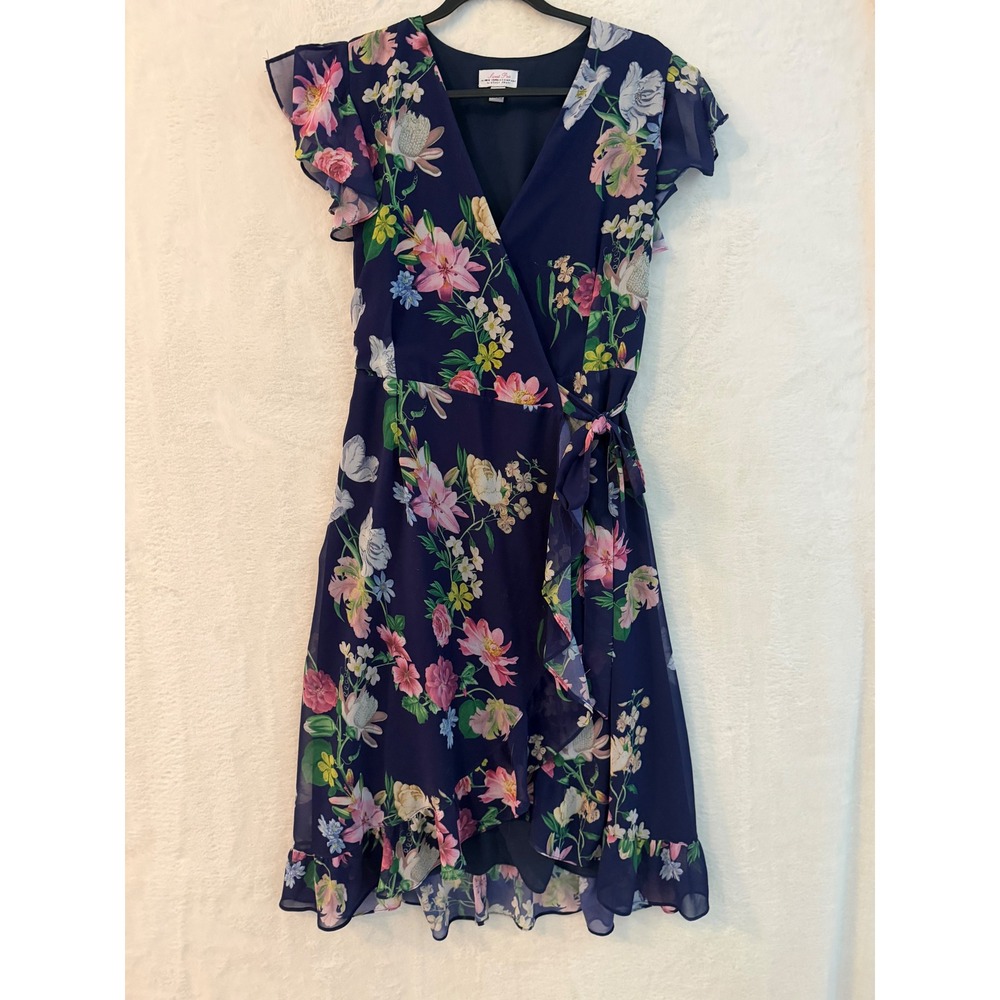 Sweet Pea by Stacy‎ Frati NY&Co Navy Floral Wrap Midi Dress Ruffle Sleeve L
